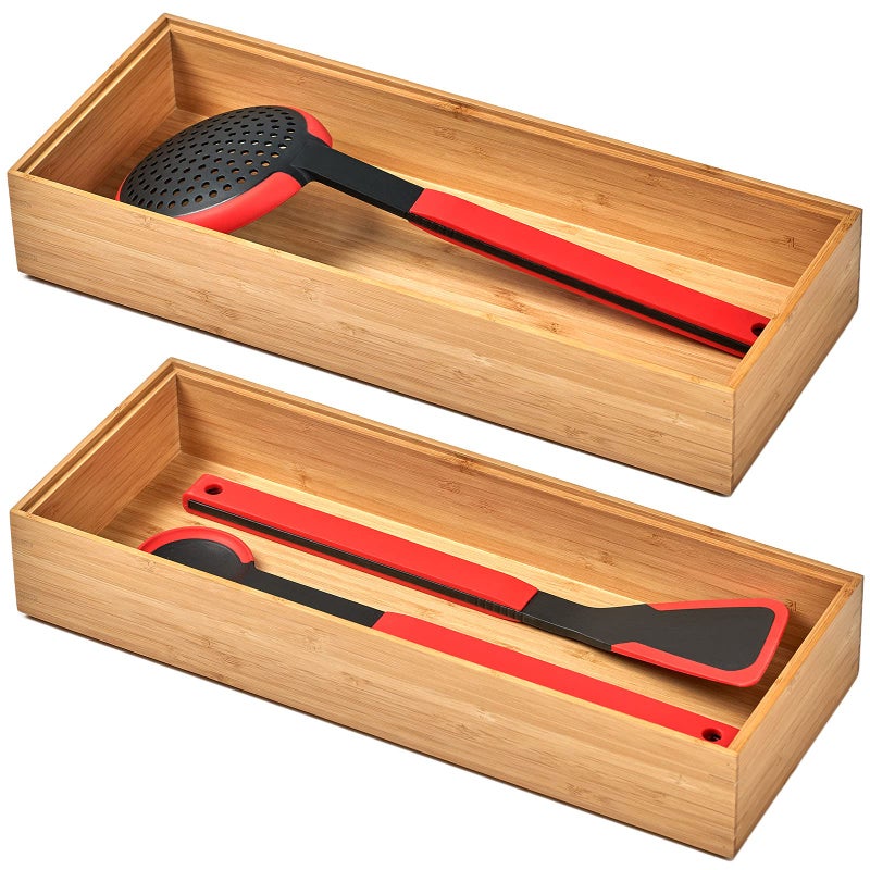 Umilife Bamboo Kitchen Drawer Organizer Boxes with Anti-Skid Silicone Feet, 2pcs Stackable Storage Bins for Kitchen Utensils & Silverware & Desk Drawer & Makeup, Tools Holder, 15   L x 6   W x 2.5   D Each - Image 1